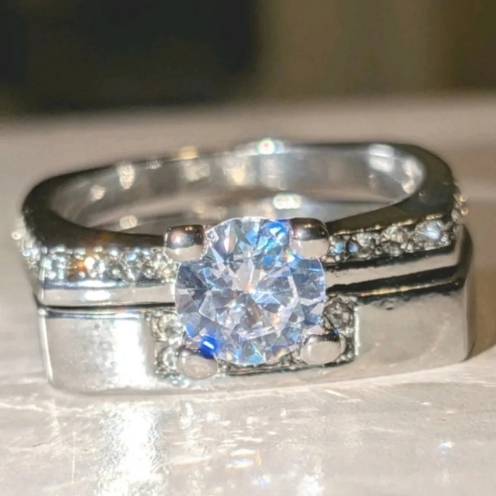 Mens Silver-Tone Clear Cubic zirconia Ring 2pc Set Sz 10